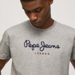 גברים 4N8XB1001 Pepe Jeans חוואר אפור חולצת טריקו כותנה לוגו מודפס