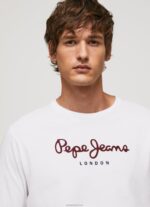 גברים 4N8XB1018 Pepe Jeans לבן חולצת טריקו כותנה לוגו מודפס