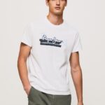 גברים 4N8XB930 Pepe Jeans לבן חולצת טריקו מכותנה עם לוגו מברשות