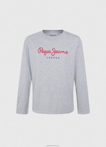יֶלֶד 4N8XB1631 Pepe Jeans חוואר אפור חולצת טי עם לוגו קדמי עם שרוולים ארוכים