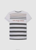 ⁦יֶלֶד 4N8XB1646 Pepe Jeans חוואר אפור חולצת כותנה עם הדפס אול אובר⁩ – תמונה ⁦3⁩
