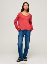 נשים 4N8XB258 Pepe Jeans סטודיו אדום ג'רסי בגזרה רגועה בקו צוואר V