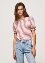 נשים 4N8XB392 Pepe Jeans סומק כהה חולצת טריקו מפוספסת עם שרוולים מקופלים