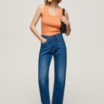 נשים 4N8XB398 Pepe Jeans אפרסק חולצת טריקו עם שרוולים מצולעים