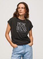 נשים 4N8XB403 Pepe Jeans שטוף שחור חולצת טי כותנה לוגו פרחוני