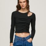 נשים 4N8XB405 Pepe Jeans שָׁחוֹר חולצת טריקו אסימטרית עם שרוולים ארוכים