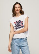 נשים 4N8XB415 Pepe Jeans לבן חולצת טריקו מודפסת של יוניון ג'ק