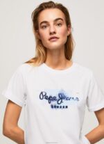 נשים 4N8XB421 Pepe Jeans לבן חולצת טריקו כותנה לוגו שיפוע