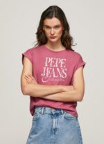 נשים 4N8XB431 Pepe Jeans סומק כהה חולצת טי כותנה לוגו פרחוני