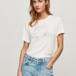 נשים 4N8XB451 Pepe Jeans לבן חולצת לוגו בהדפס שטראס