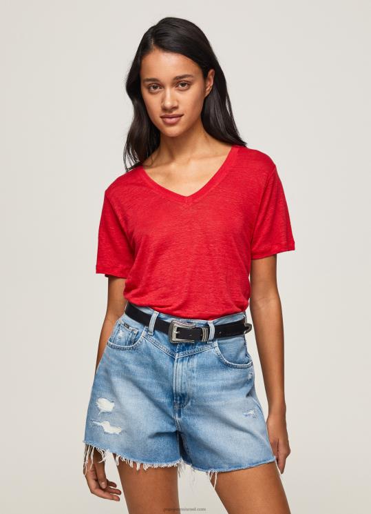d7a0d7a9d799d79d_4n8xb465_pepe_jeans_d7a1d798d795d793d799d795_d790d793d795d79d_d797d795d79cd7a6d7aa_d798d799_d7a2d79d_d7a6d795d7.jpg נשים 4N8XB465 Pepe Jeans סטודיו אדום חולצת טי עם צווארון V בפשתן – תמונה 1